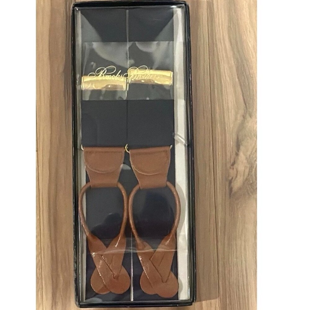 NEW Brooks Brothers Suspenders Braces Navy Blue Tan Leather Sz L Adjustable HTF!